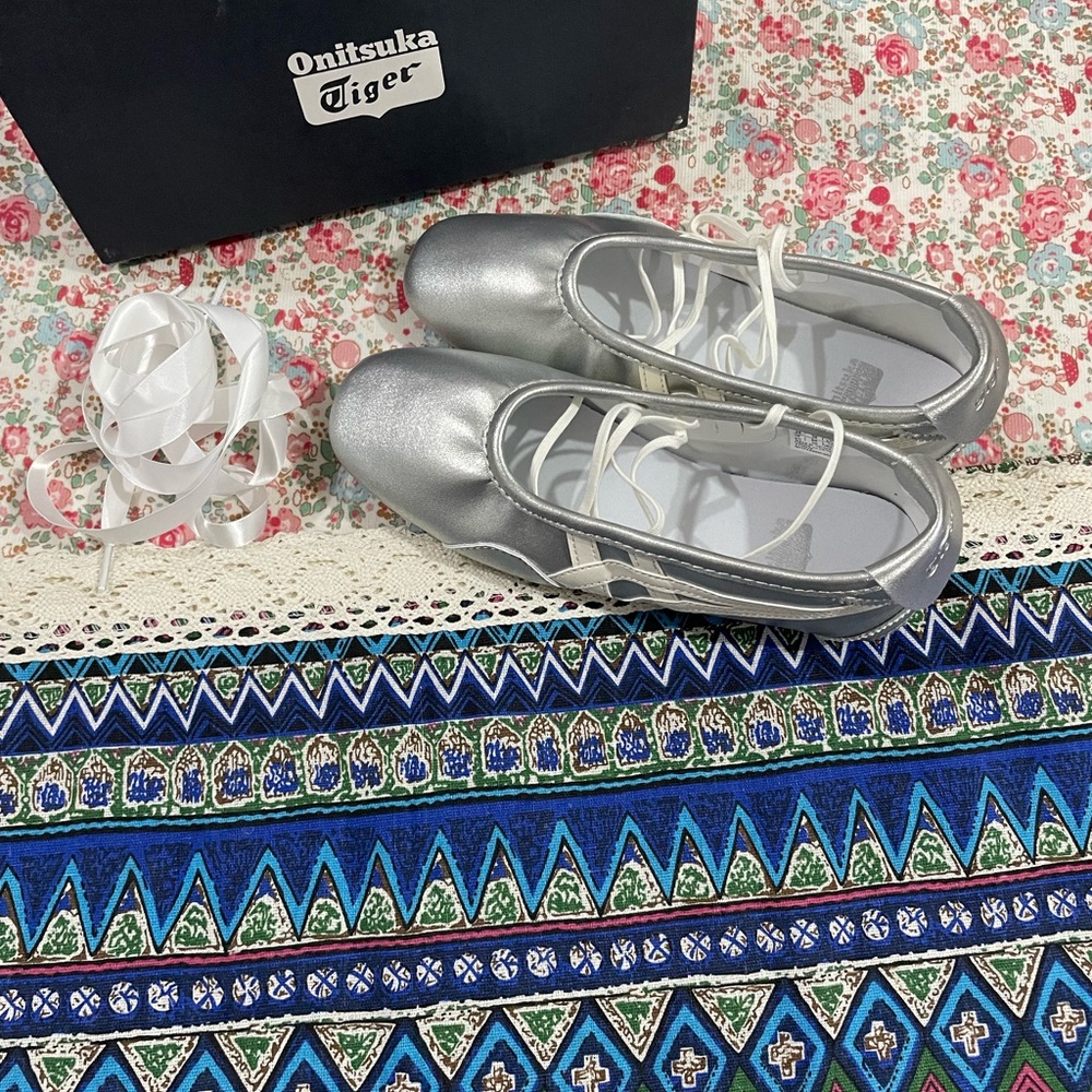 Onitsuka Tiger by Asics Metallic Silver Ballet Flats with Ribbon Laces